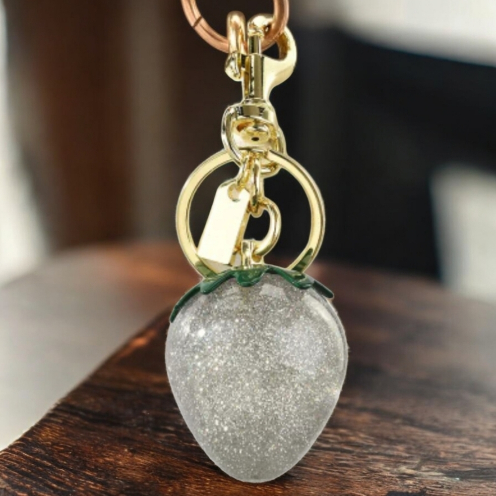 Grey Silver Glitter Strawberry Bag Charm Keychain | Gold Tone Purse Charm